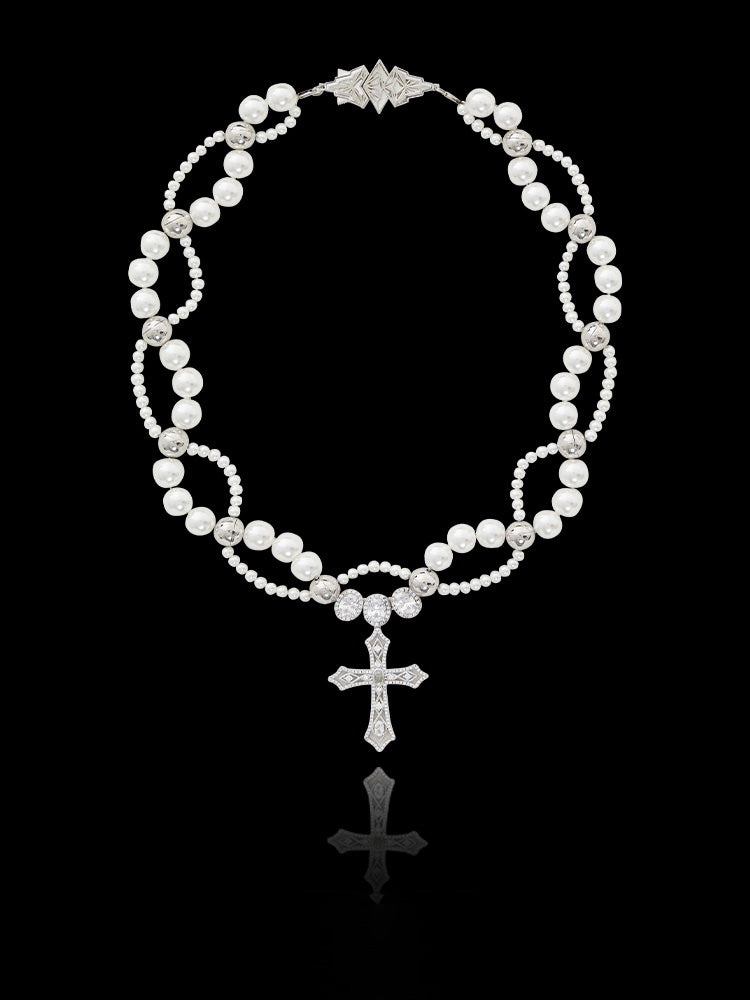 asaprocky migos custom chain solitaire halo diamonds interlaced freshwater pearl links with cross barroco necklace chain