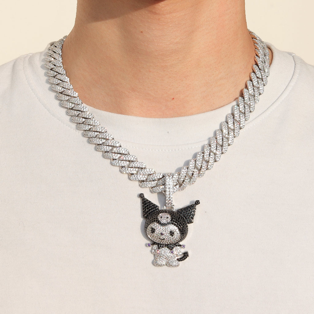 ifandco Iced Out Kuromi diamond pendant necklace with free matching chain included.