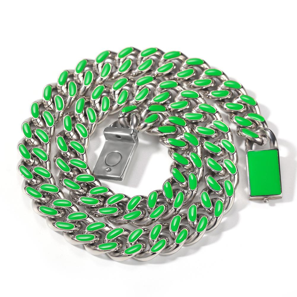 11mm Enamel Cuban Link Necklace Chain Green/Gold 18 inch