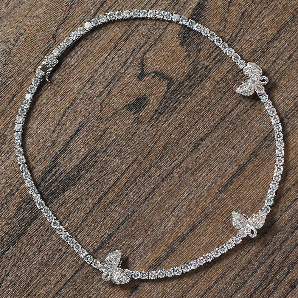 4mm tennis link with fully iced 3 butterflies short diamond necklace choker White Gold kylie jenner kardashians