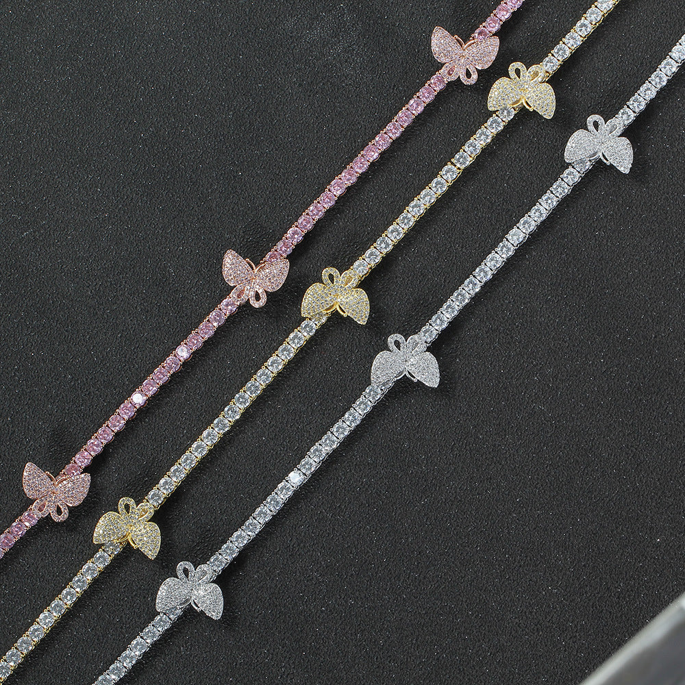 4mm tennis link with fully iced 3 butterflies short diamond necklace choker White Gold kylie jenner kardashians