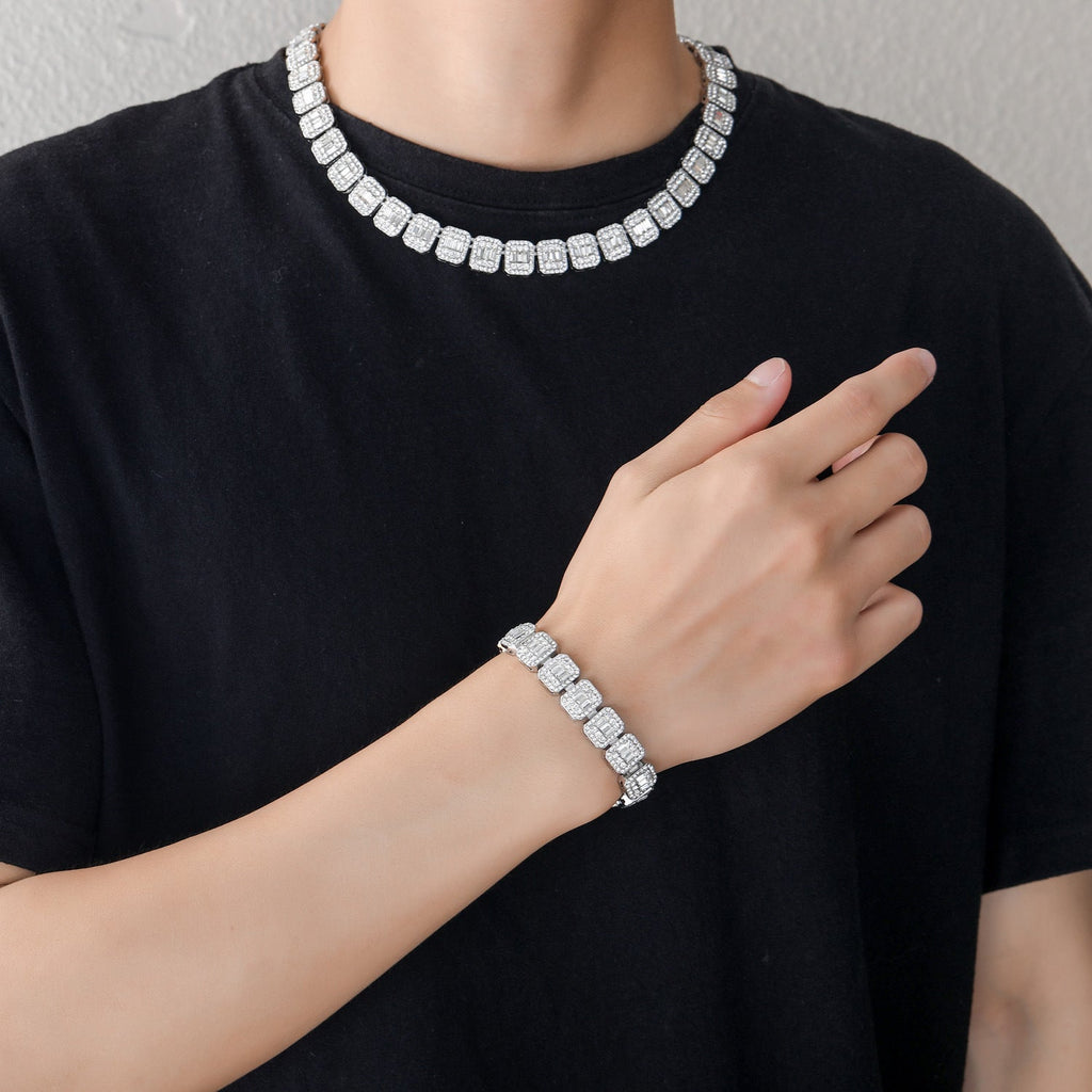 baguette diamond round stone tennis links bracelet necklace chain white gold yellow gold baller rappers nba fashion nova