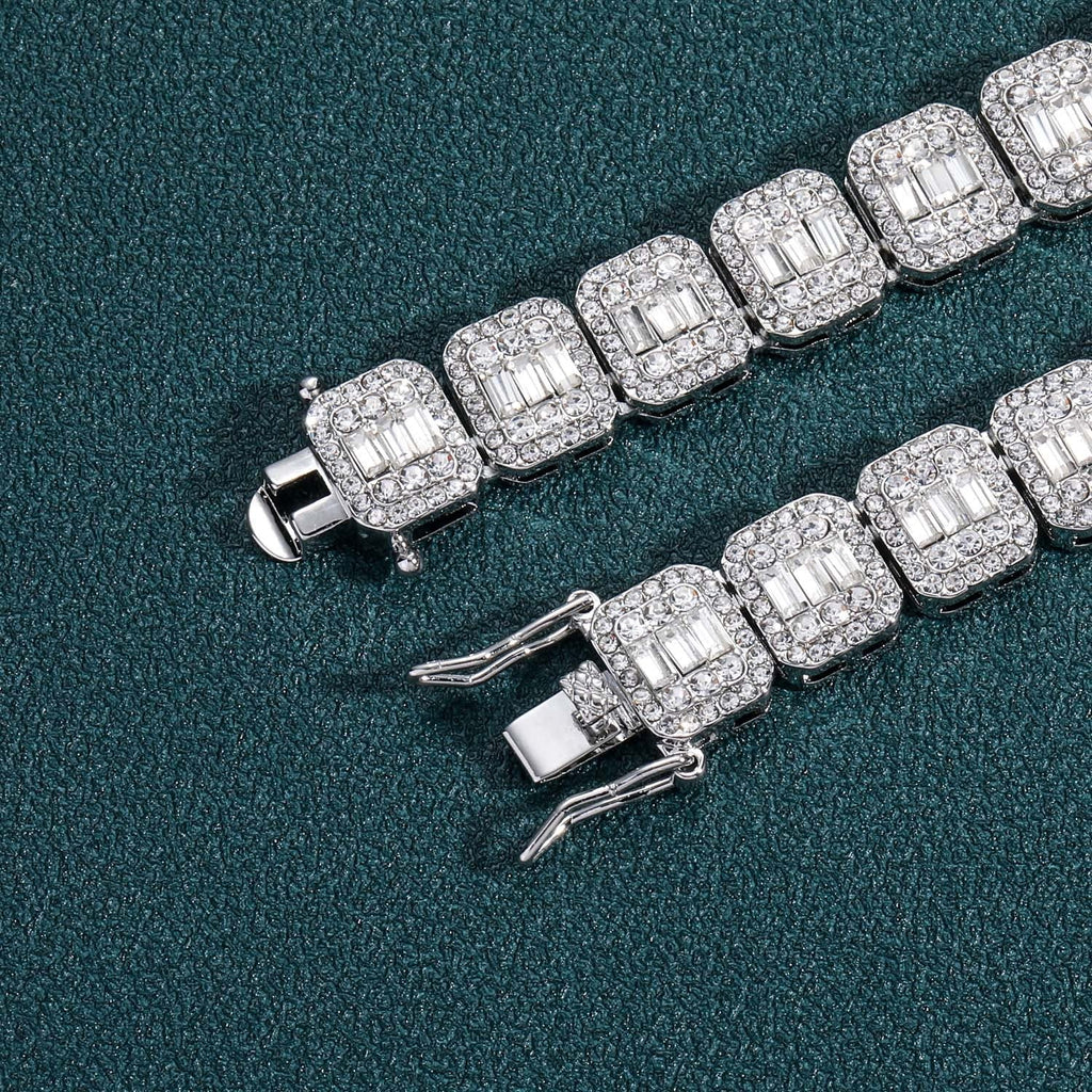 baguette diamond round stone tennis links bracelet necklace chain white gold yellow gold baller rappers nba fashion nova