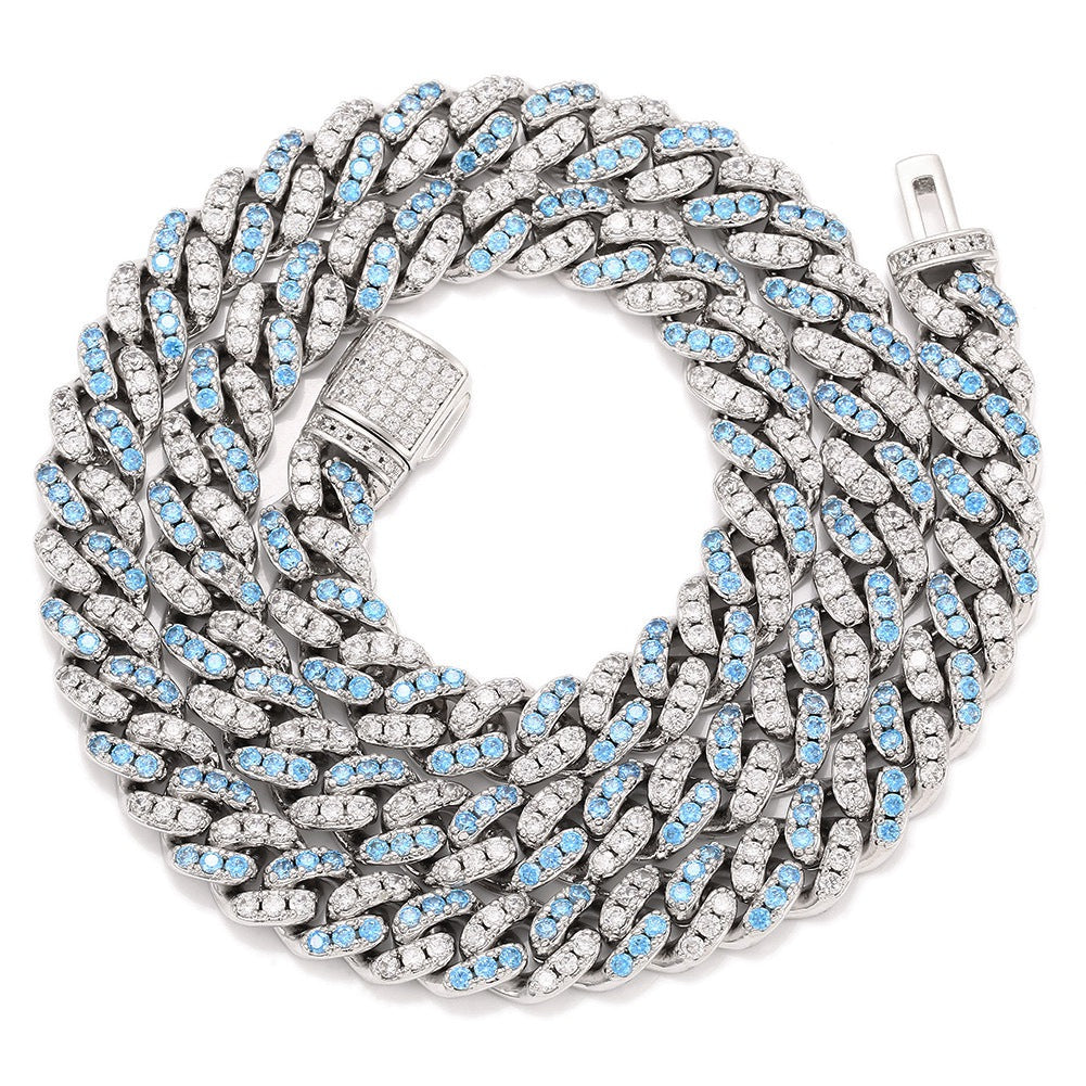 8mm cuban links necklace chain in white and blue diamonds