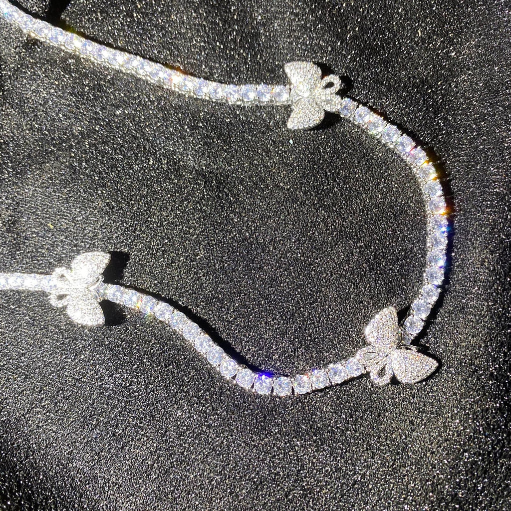 4mm tennis link with fully iced 3 butterflies short diamond necklace choker White Gold kylie jenner kardashians