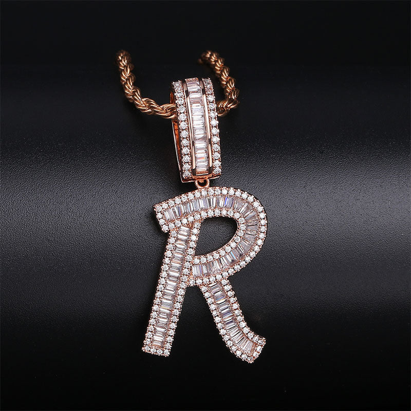 Custom A-Z baguette Letters Initial A-Z Charm pendant necklace chain diamond gold