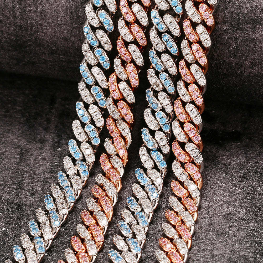 8mm cuban links necklace chain in white and blue diamonds