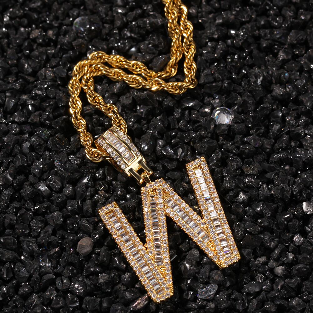 Custom A-Z baguette Letters Initial A-Z Charm pendant necklace chain diamond gold