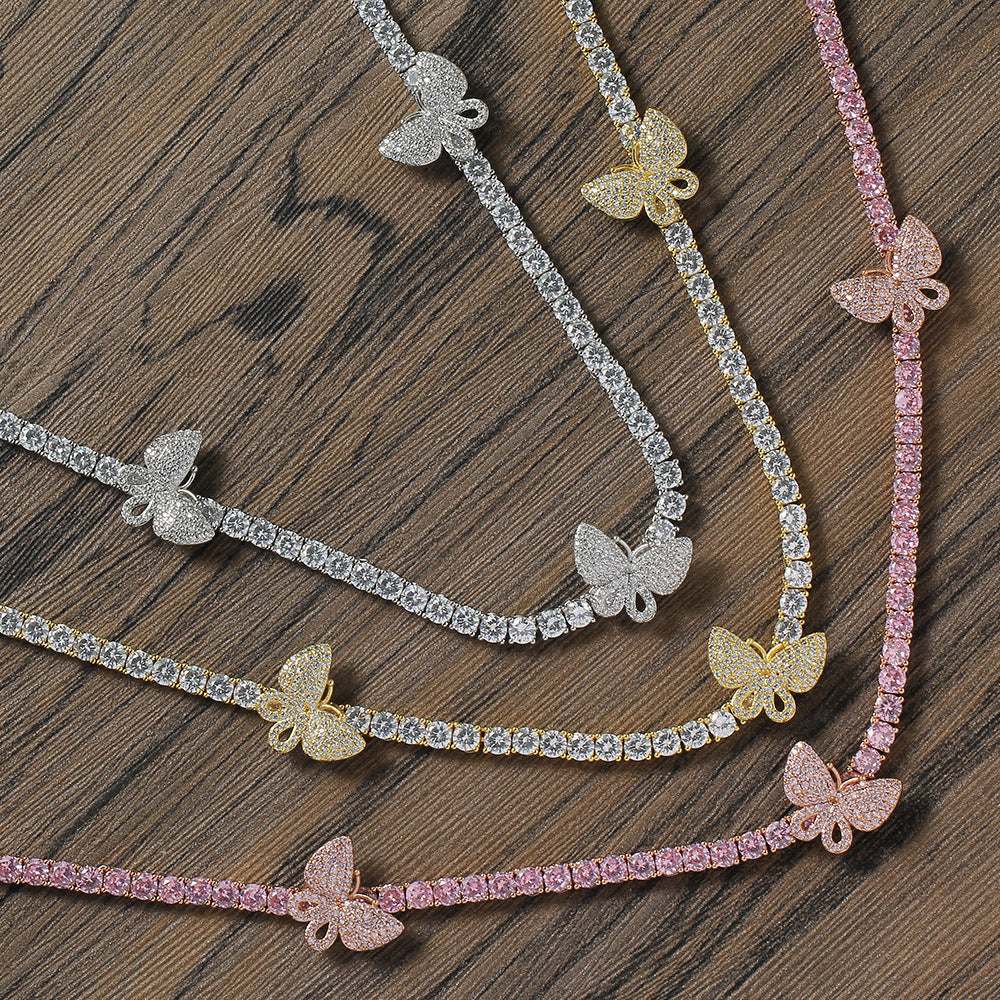 4mm tennis link with fully iced 3 butterflies short diamond necklace choker White Gold kylie jenner kardashians