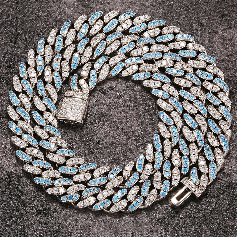 8mm cuban links necklace chain in white and blue diamonds