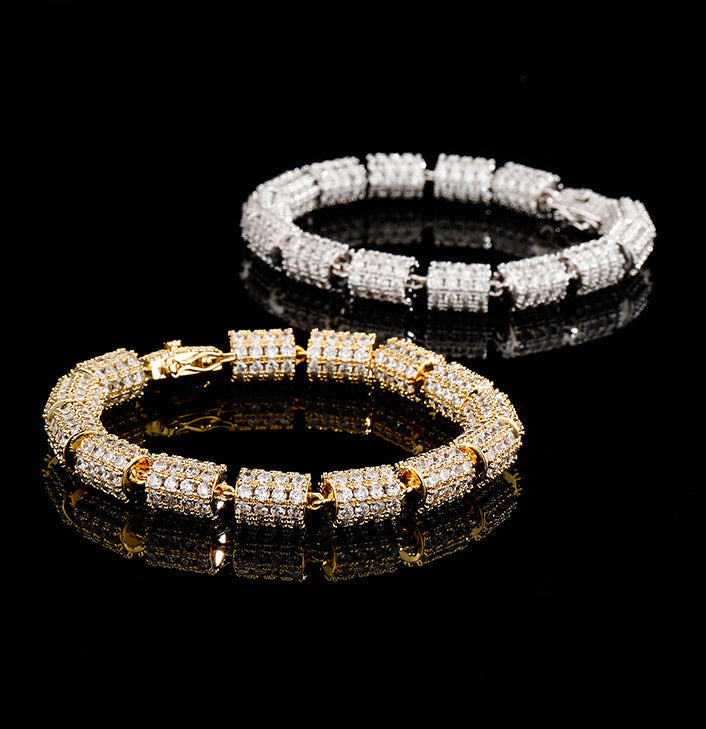 Fully iced Baguettes Cylinder Round Bracelet Yellow Gold diamonds