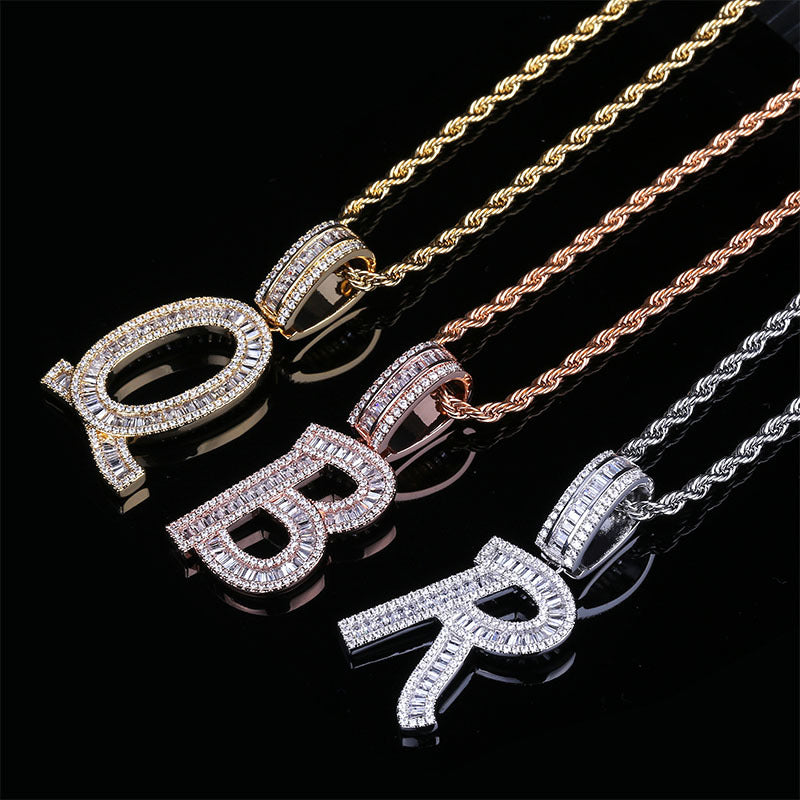 Custom A-Z baguette Letters Initial A-Z Charm pendant necklace chain diamond gold