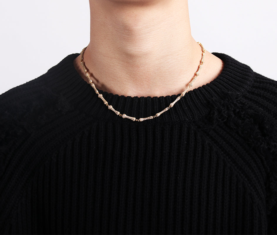 Fully Iced Bone Interlaced Necklace - Yellow Gold