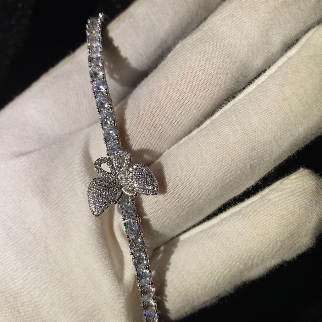 4mm tennis link with fully iced 3 butterflies short diamond necklace choker White Gold kylie jenner kardashians