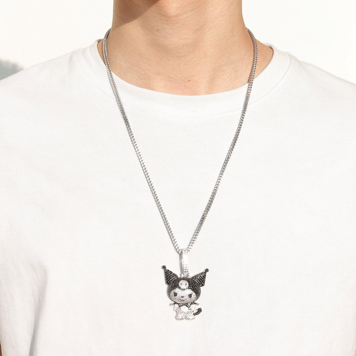 ifandco Iced Out Kuromi diamond pendant necklace with free matching chain included.