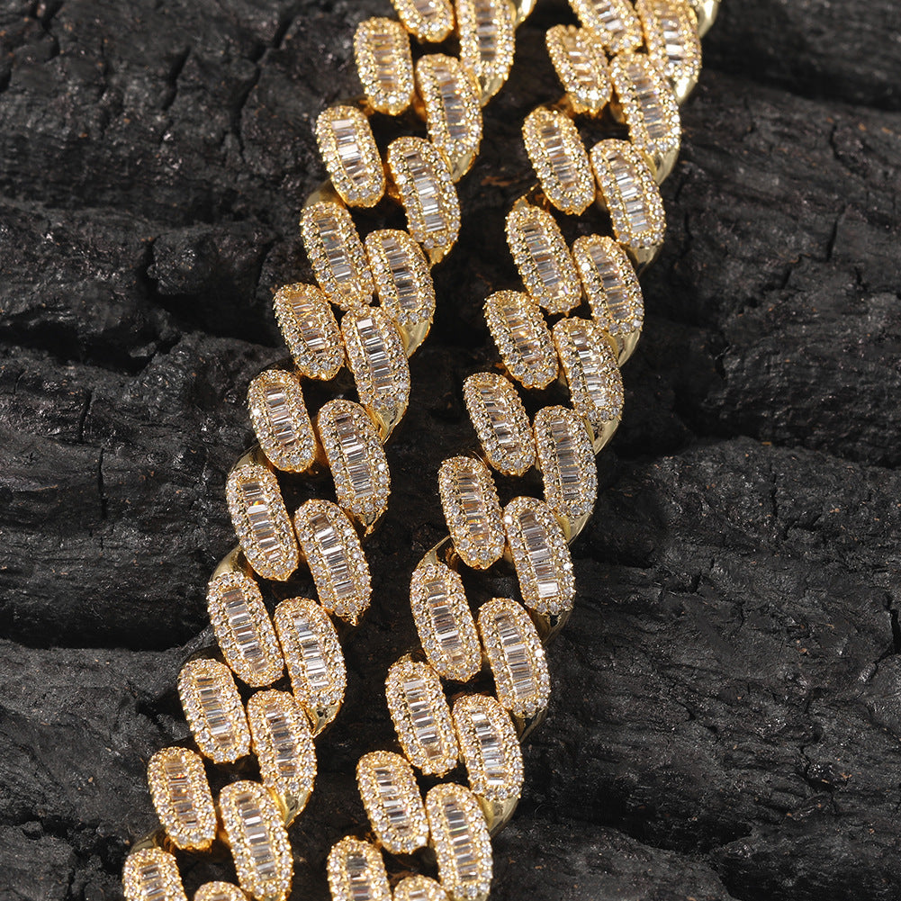 15mm Cuban Link Necklace Chain in Baguette - Yellow Gold 45cm