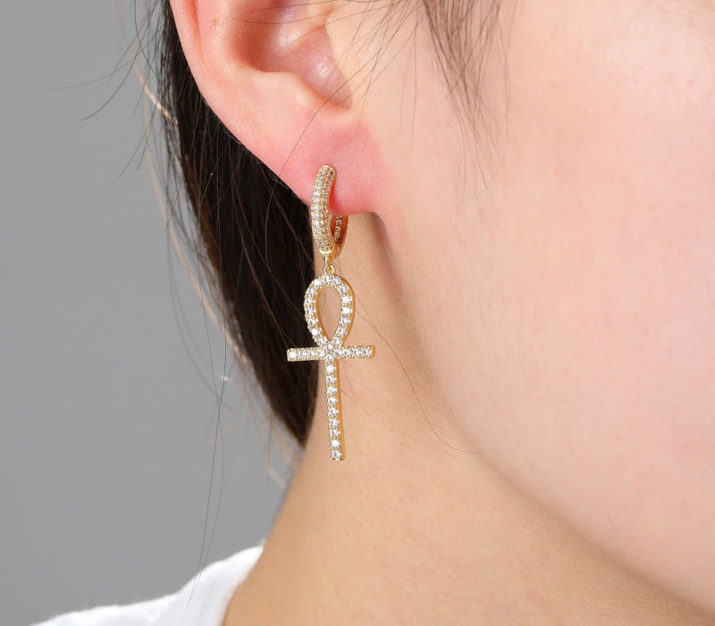 Dangling ankh hoop earrings fully iced diamond ifandco shopgld