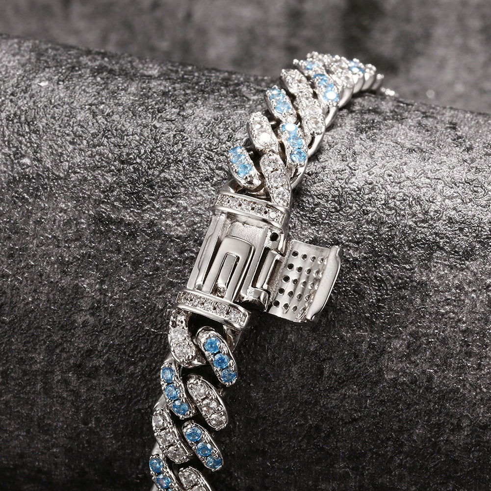 8mm cuban links necklace chain in white and blue diamonds