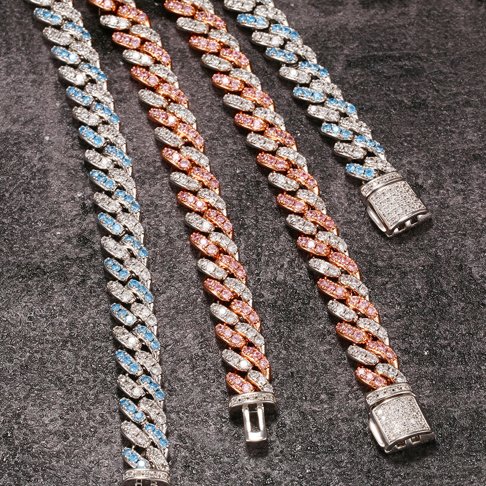 8mm cuban links necklace chain in white and blue diamonds
