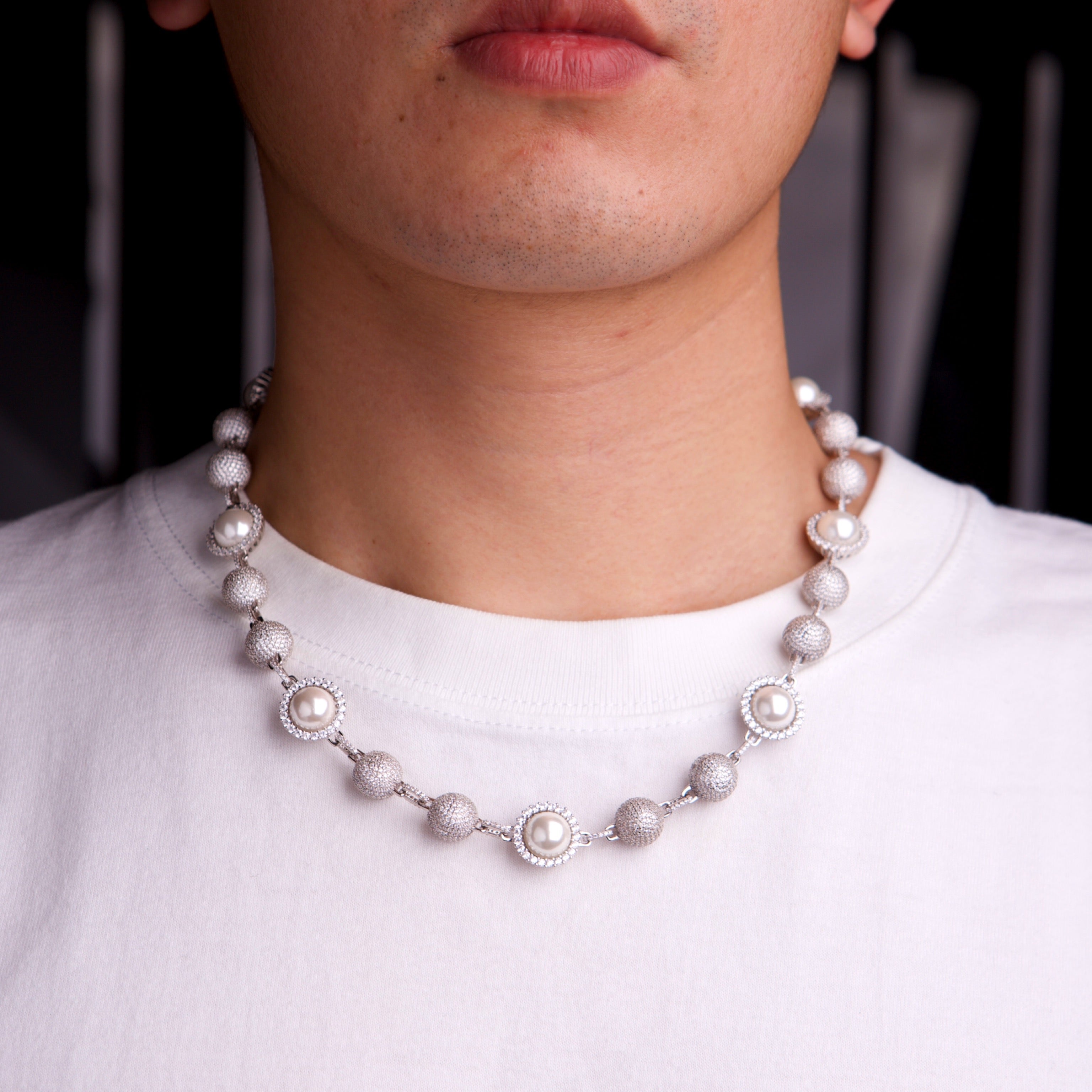 Utopia Fully iced white pearl beaded necklace chain - White Gold