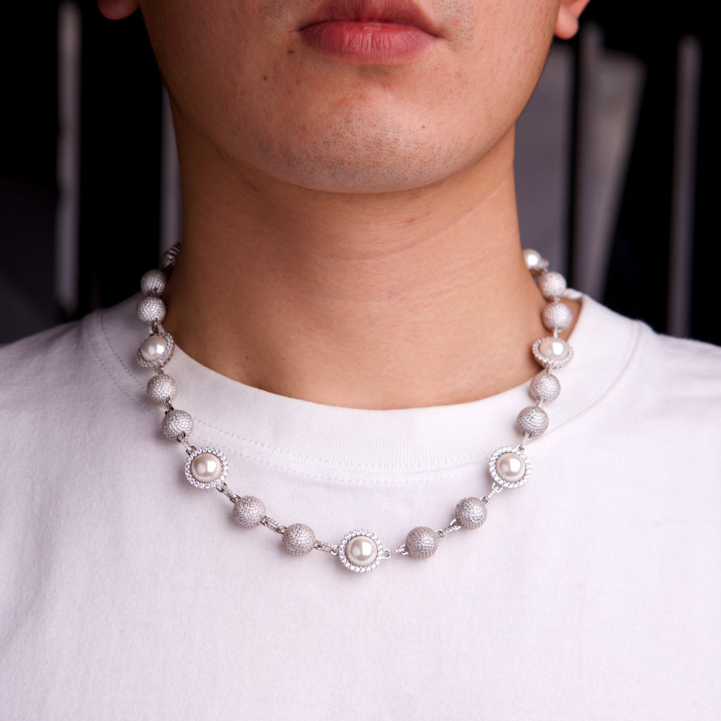 Utopia Fully Iced White Pearl Beaded Necklace Chain - White Gold 45cm