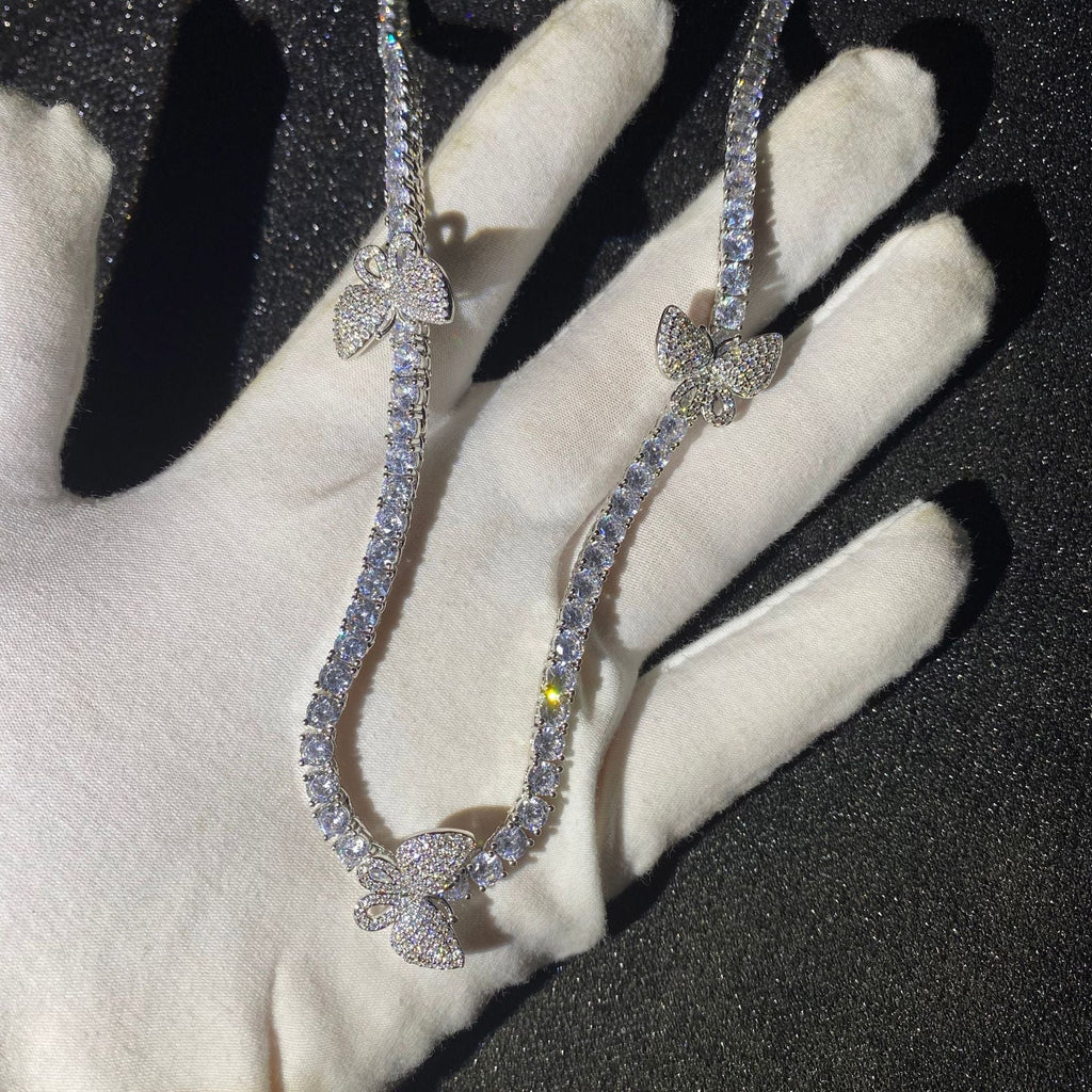 4mm tennis link with fully iced 3 butterflies short diamond necklace choker White Gold kylie jenner kardashians