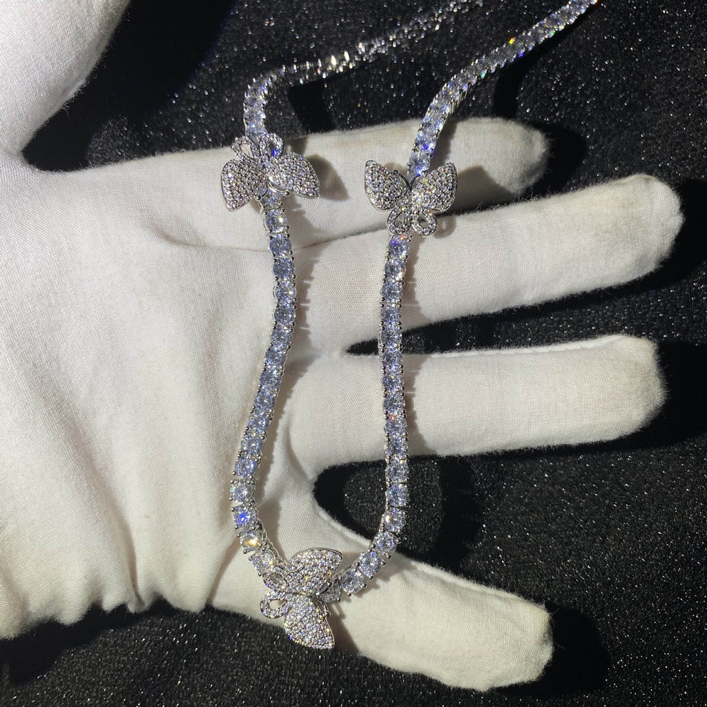 4mm tennis link with fully iced 3 butterflies short diamond necklace choker White Gold kylie jenner kardashians