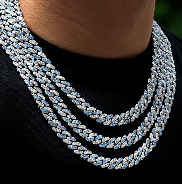 8mm cuban links necklace chain in white and blue diamonds