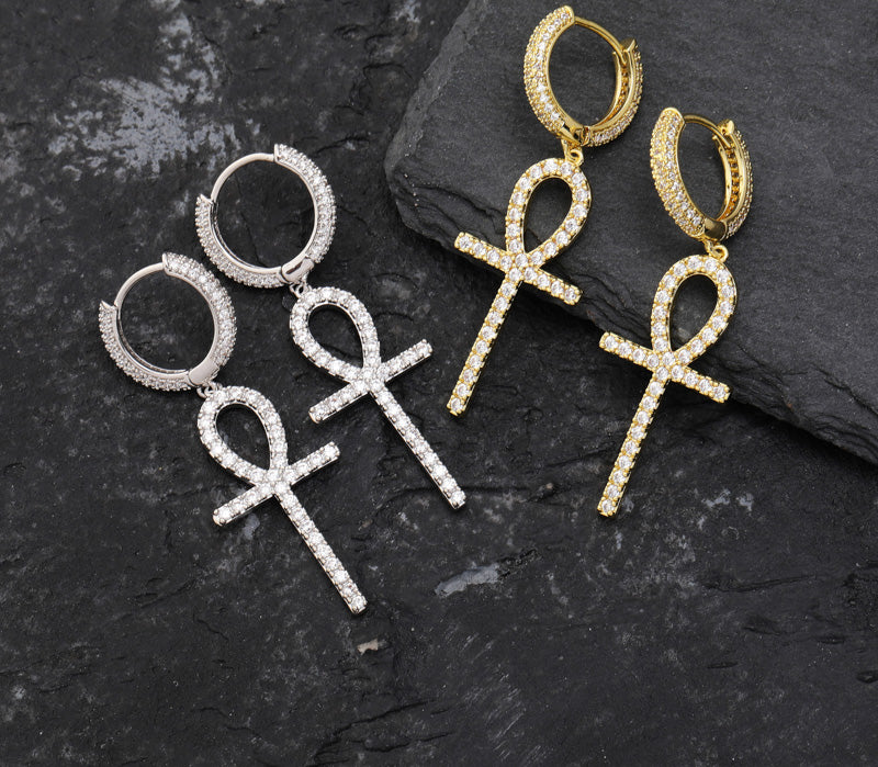 Dangling ankh hoop earrings fully iced diamond ifandco shopgld