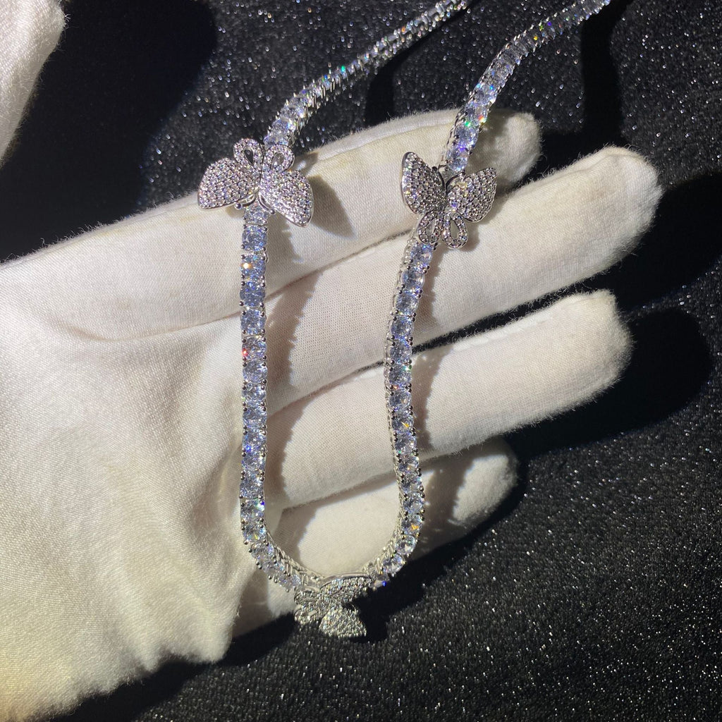 4mm tennis link with fully iced 3 butterflies short diamond necklace choker White Gold kylie jenner kardashians