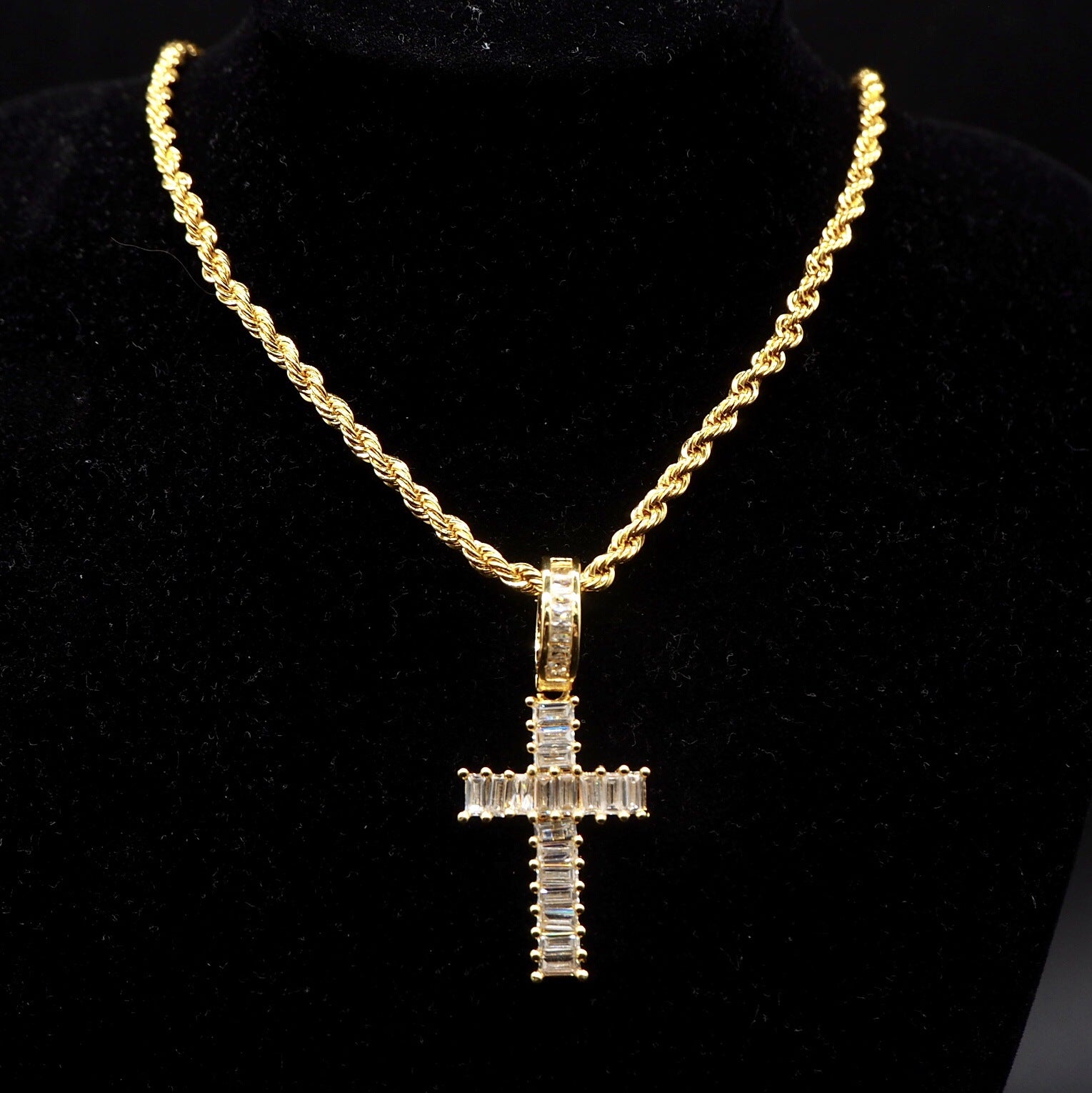 Baguette cross pendant &amp; necklace with free matching chain hiphop