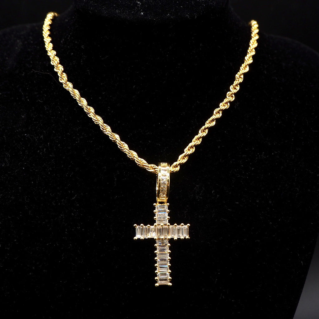 Baguette cross pendant & necklace with free matching chain hiphop