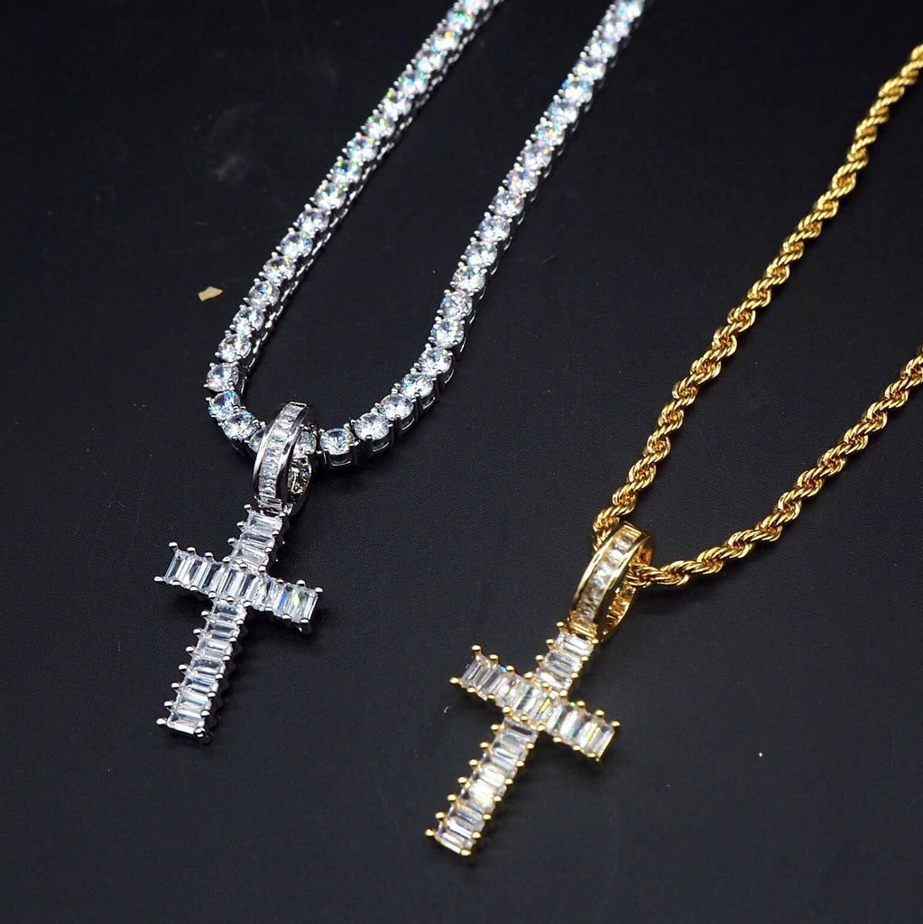 Baguette cross pendant & necklace with free matching chain hiphop