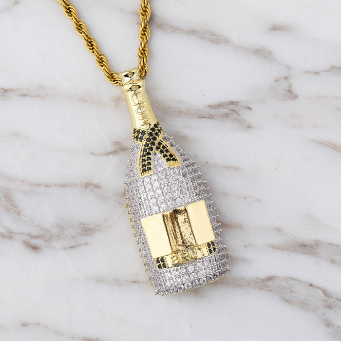 Fully iced diamond Moet & Chandon Brut Imperial pendant necklace chain yellow gold rapper jewelry