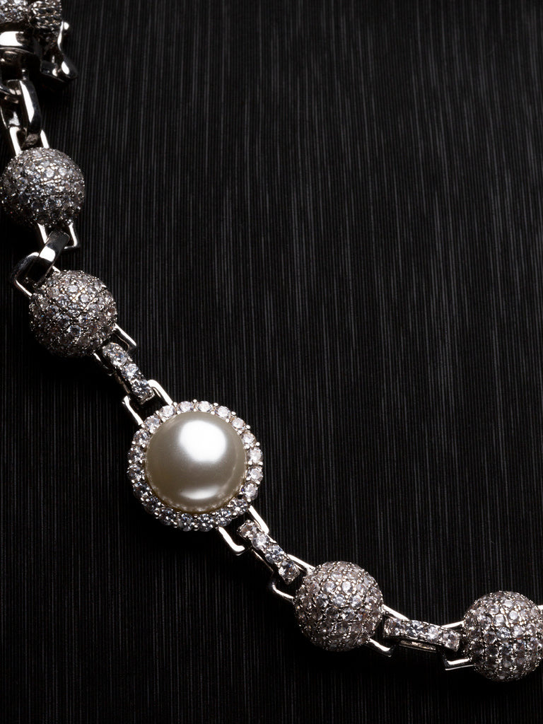 Utopia Fully Iced White Pearl Beaded Necklace Chain - White Gold 45cm