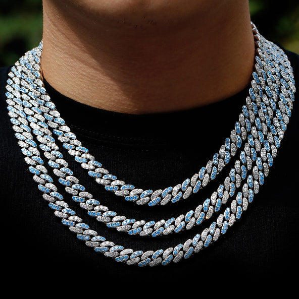 8mm cuban links necklace chain in white and blue diamonds