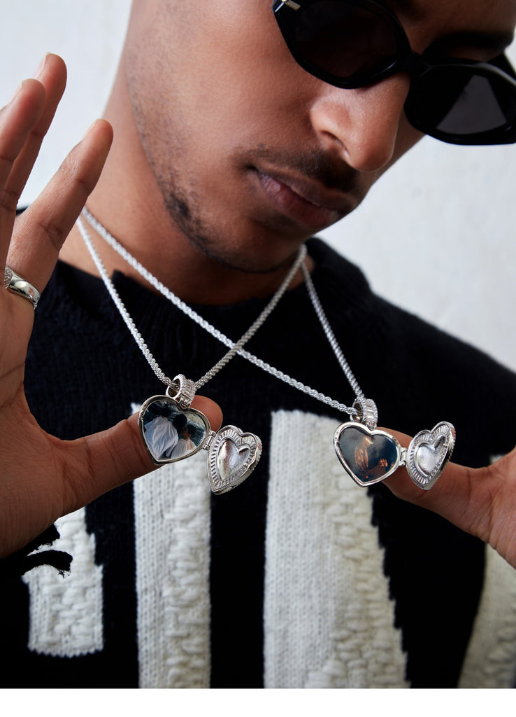 Custom memorial photo necklace chain heart locket baguette charm pendant diamond custom  shopgld