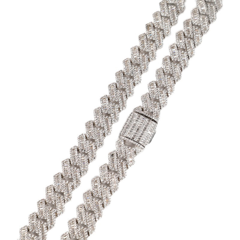 fully iced out 12mm curb cuban link necklace chain in baguette diamond White Gold shopgld