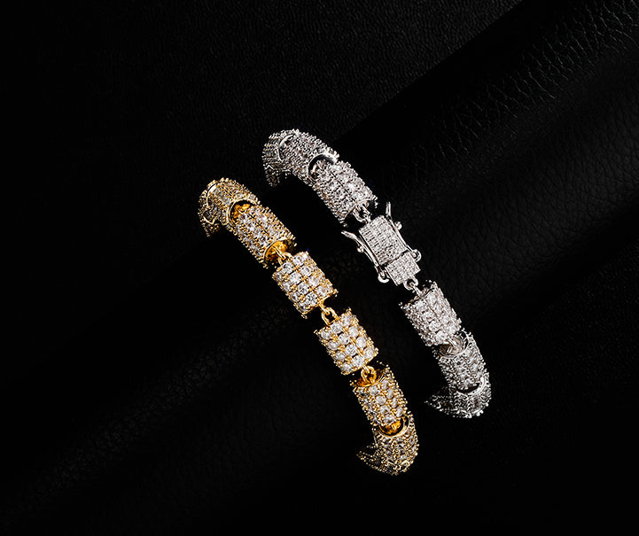 Fully iced Baguettes Cylinder Round Bracelet Yellow Gold diamonds