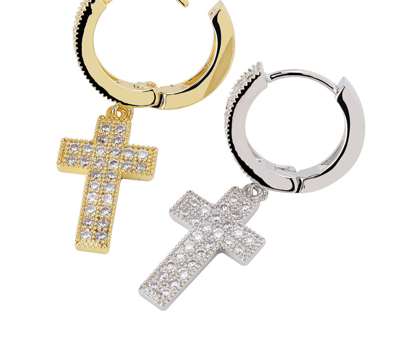 Dangling cross hoop earrings fully iced diamond ifandco shopgld