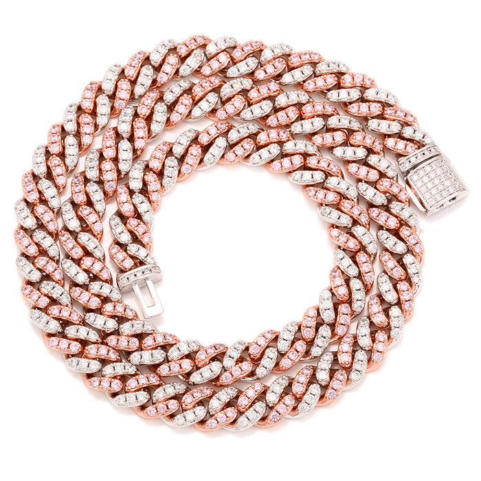 8mm cuban links necklace chain in white and pink diamonds