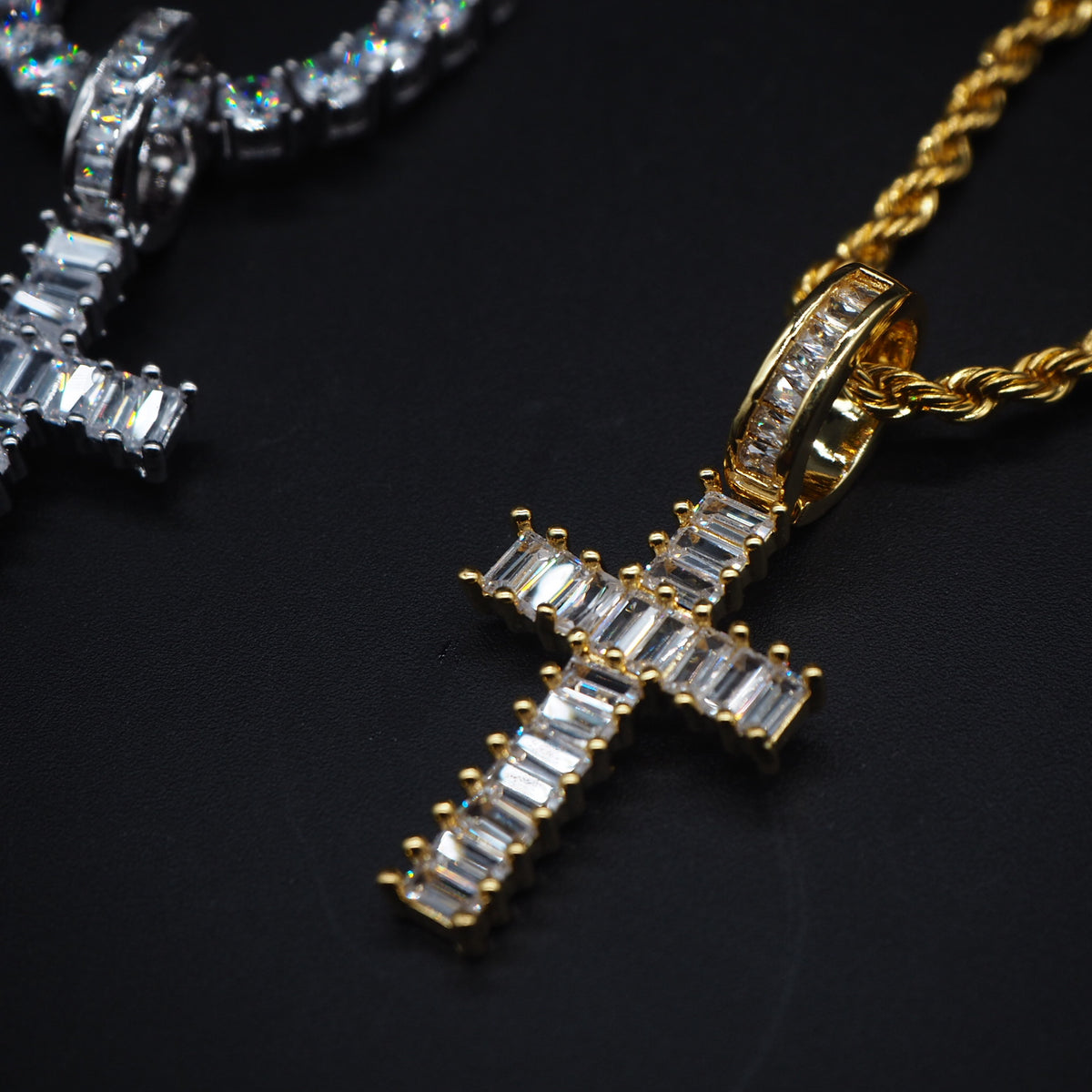 Baguette cross pendant &amp; necklace with free matching chain hiphop