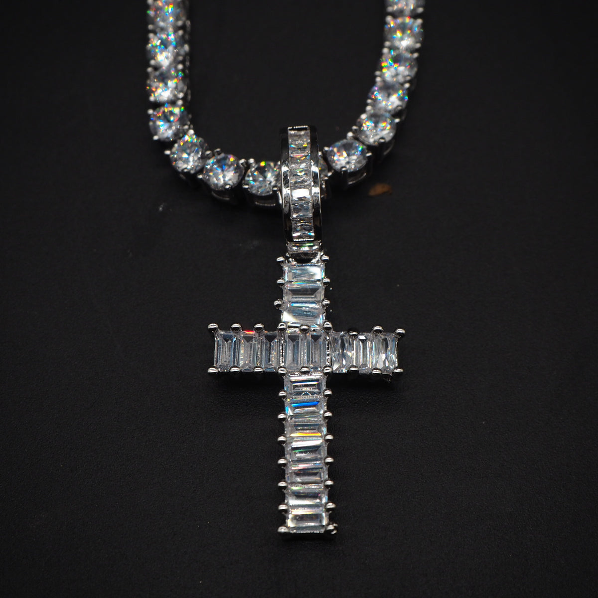 Baguette cross pendant &amp; necklace with free matching chain hiphop