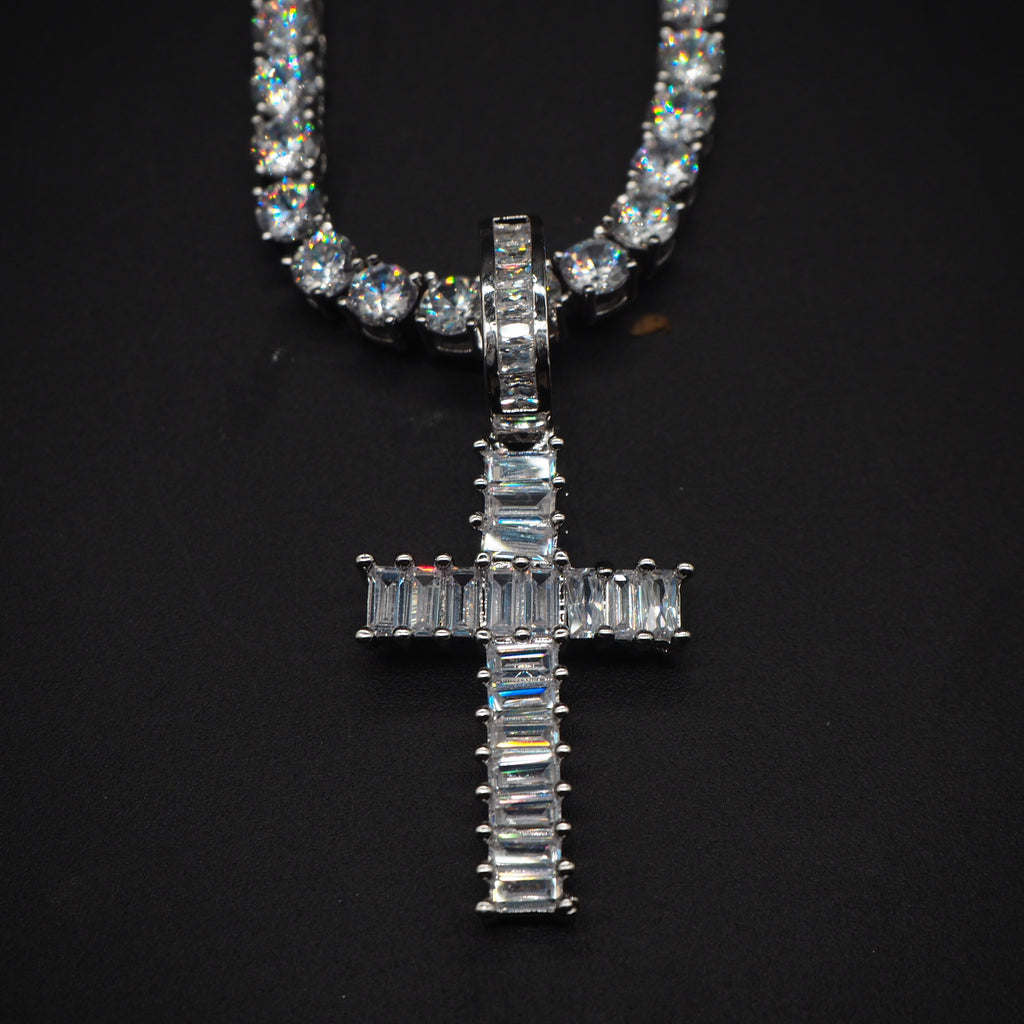 Baguette cross pendant & necklace with free matching chain hiphop