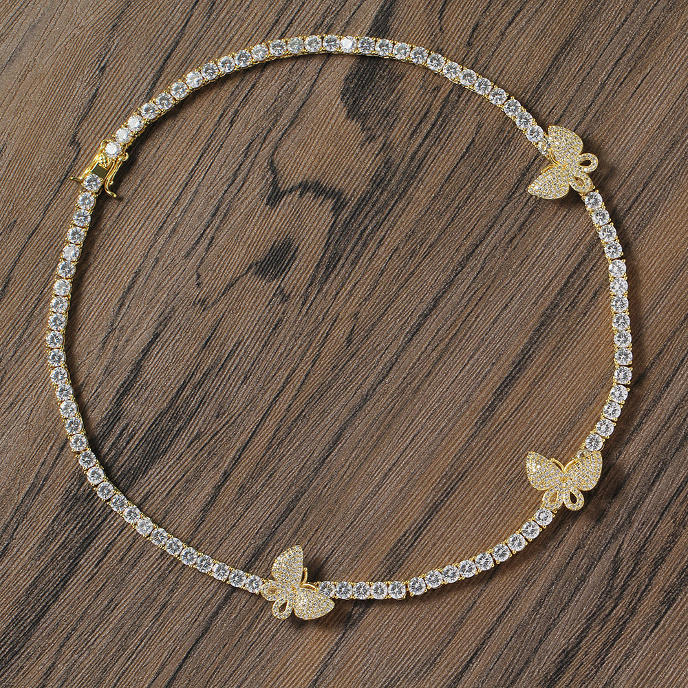 4mm tennis link with fully iced 3 butterflies short diamond necklace choker White Gold kylie jenner kardashians