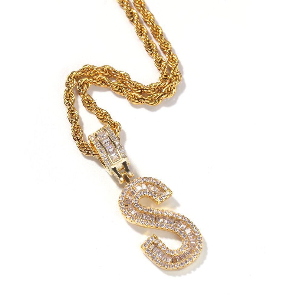 Custom A-Z baguette Letters Initial A-Z Charm pendant necklace chain diamond gold