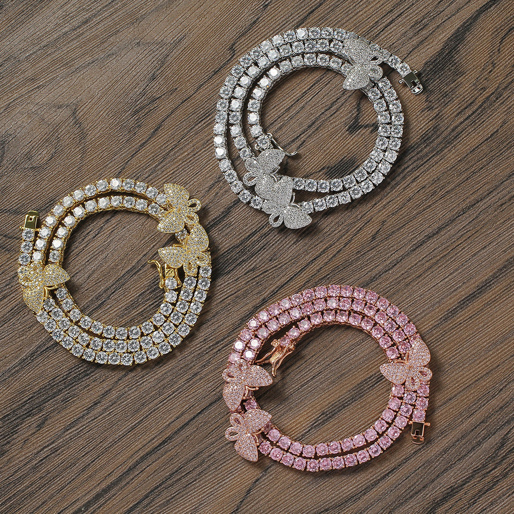 4mm tennis link with fully iced 3 butterflies short diamond necklace choker White Gold kylie jenner kardashians