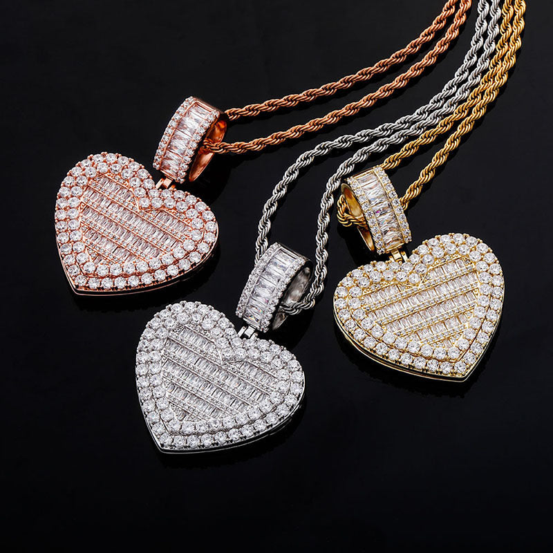 Custom memorial photo necklace chain heart locket baguette charm pendant diamond custom  shopgld