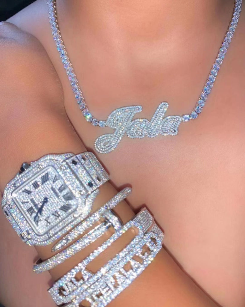 Hailey Bieber Wears Diamond Necklace With Her Married Last Name Vogue people.com custom name diamond necklace tennis link chain