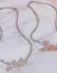 Hailey Bieber Wears Diamond Necklace With Her Married Last Name Vogue people.com custom name diamond necklace tennis link chain